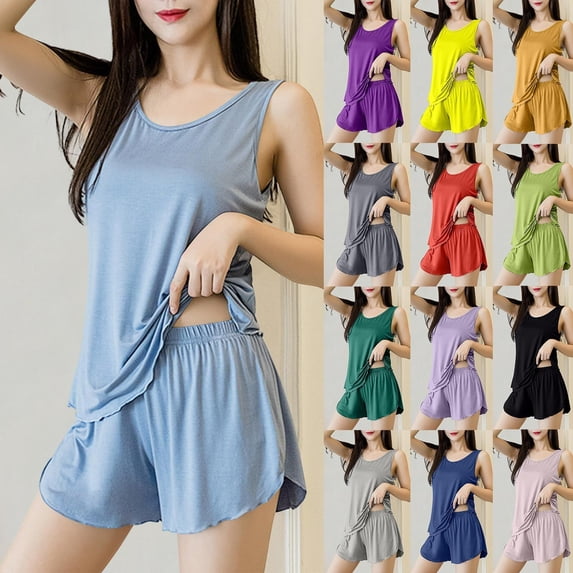 Asxite Pajamas for Women Set Solid Loose Sleeveless Ruffle Hem Camisole Elastic Waist Shorts Loungewear 2 Piece