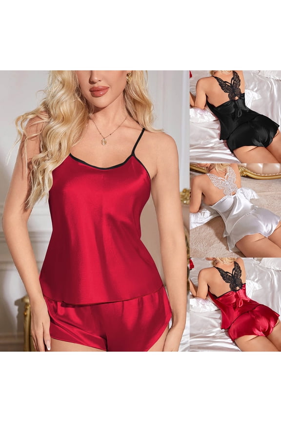 Pajamas for Women Set Solid Spliced Camisole Top Satin Shorts Open Back Loungewear 2 Piece