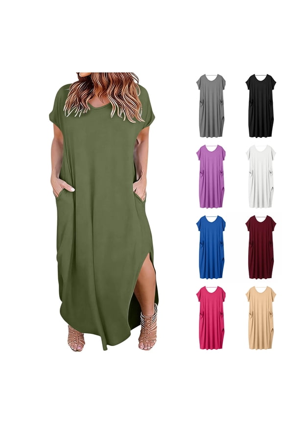 Plus Size Summer Dresses for Women Casual Solid Loose Round Neck Short Sleeve Midi Sundress