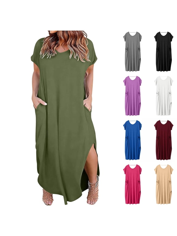 Plus Size Summer Dresses for Women Casual Solid Loose Round Neck Short Sleeve Midi Sundress