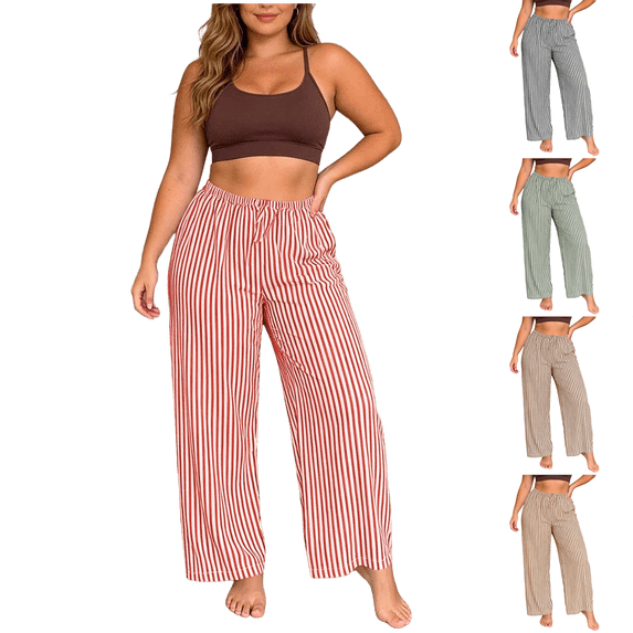 Asxite Plus Size Womens Pajamas Pants High Waist Striped Seersucker Wide Leg Loose Sleepwear