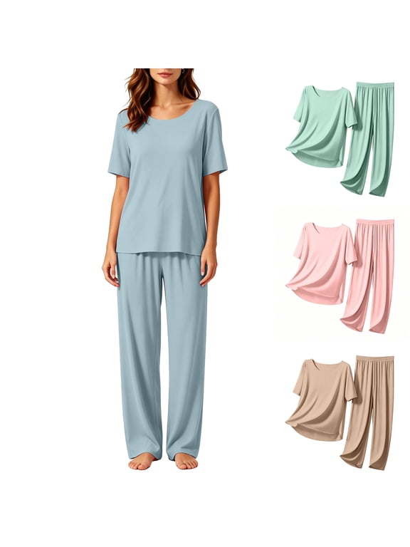 Plus Size Womens Pajamas Set Ribbed Ice Silk Top and Wide Leg Pants Solid Sleepwear