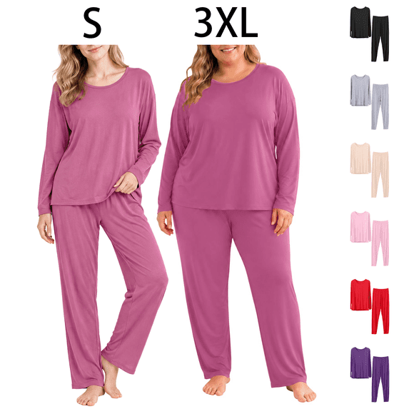 Asxite Plus Size Womens Pajamas Solid Fleece Long Sleeve Top and Pants Warm Matching Set