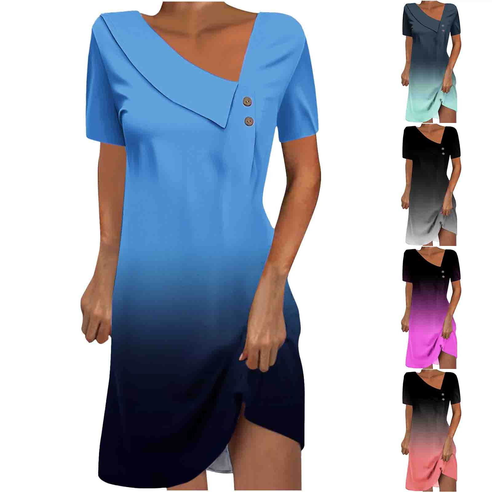 Asxite Summer Dresses for Women Casual Gradient Print Round Neck Short ...