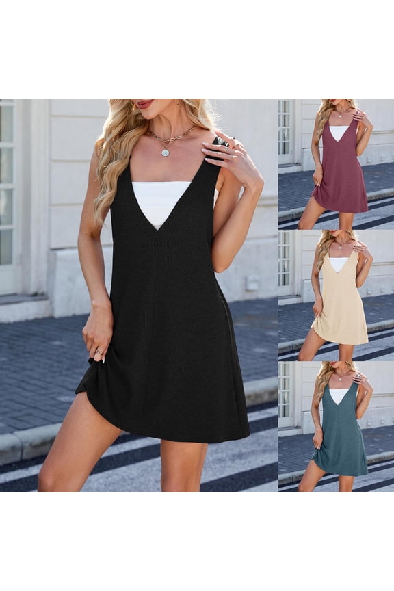 Summer Dresses for Women Casual Solid Loose V Neck Sleeveless Reversible Sundress