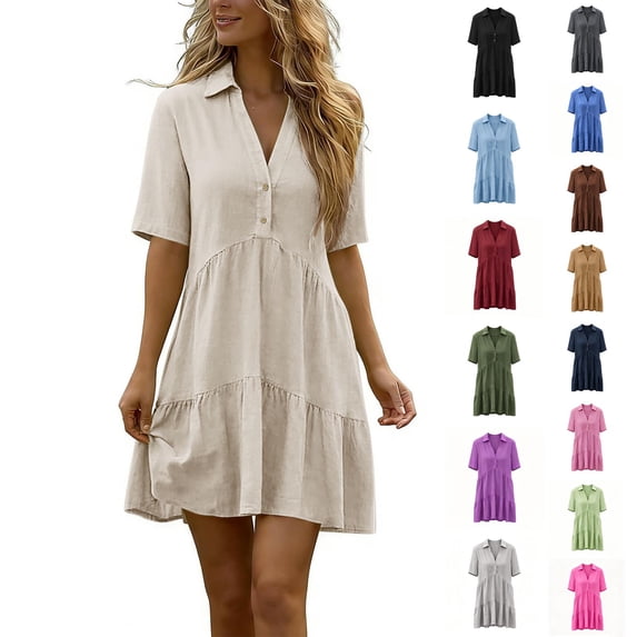 Asxite Summer Dresses for Women Casual Solid Textured Collared Short Sleeve Button Mini Sundress