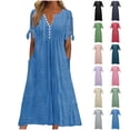 thumbnail image 1 of Asxite Summer Dresses for Women Casual Solid V Neck Short Sleeve Button Breathable Midi Sundress, 1 of 5