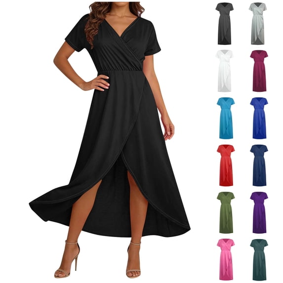Asxite Summer Dresses for Women Casual Solid Wrap V Neck Short Sleeve Elastic Waist Slit Sundress