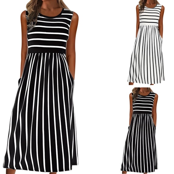 Asxite Summer Dresses for Women Casual Striped Round Neck Sleeveless with Pockets Midi Sundress