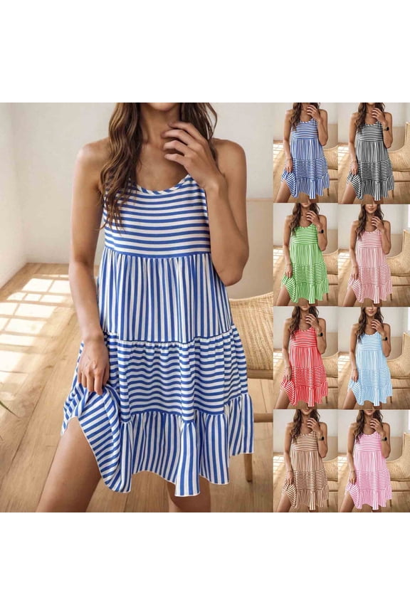 Summer Dresses for Women Casual Striped Sleeveless Round Neck Spliced Loose Midi Sundress