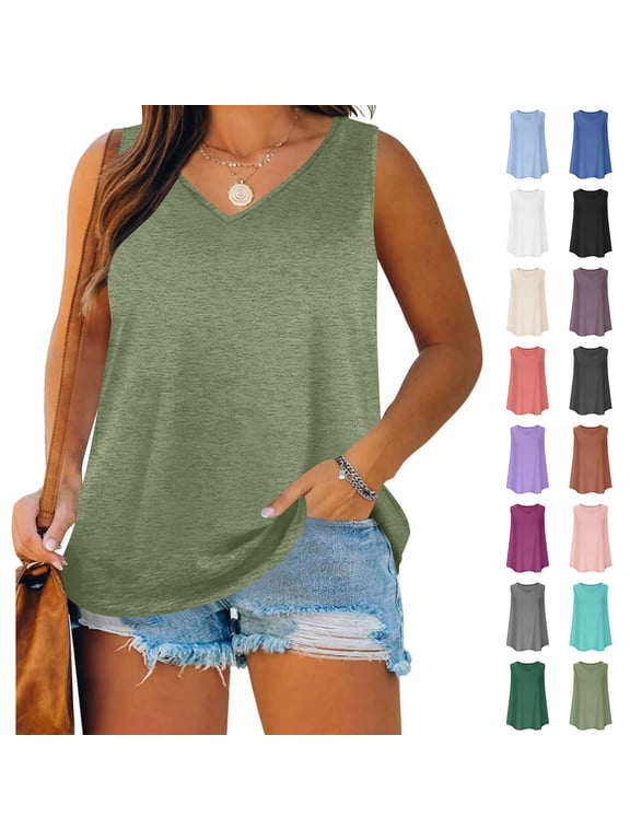 Tank Tops for Women Plus Size Sleeveless Solid Color Round Neck Loose Casual Blouse