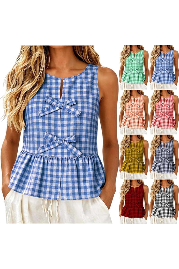 Tank Tops for Women Sleeveless Plaid Print Bateau Neck Lace Up Front Loose Ruffle Hem Casual Blouse