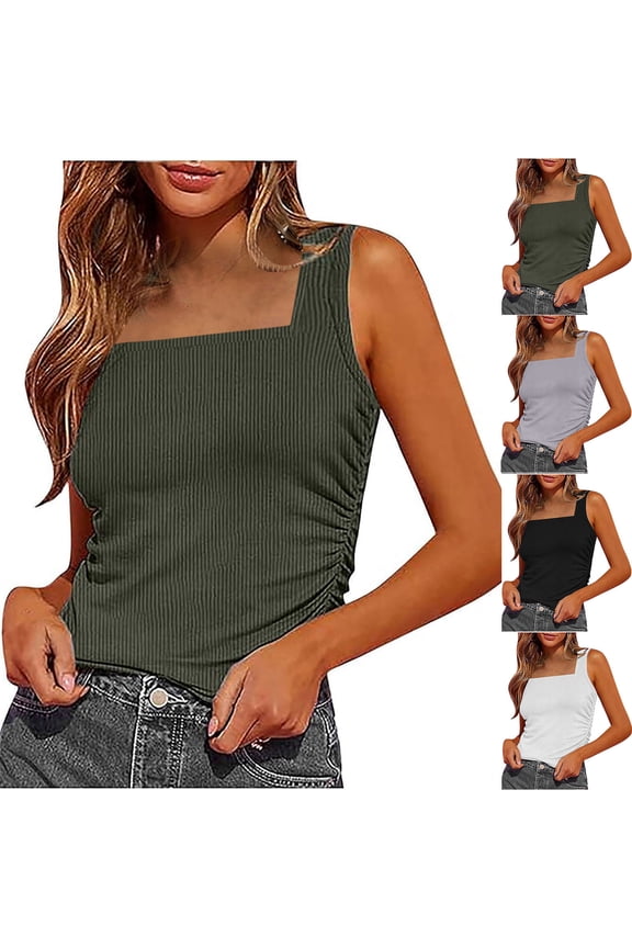 Tank Tops for Women Sleeveless Solid Color Flat Neck Relaxed Casual Blouse