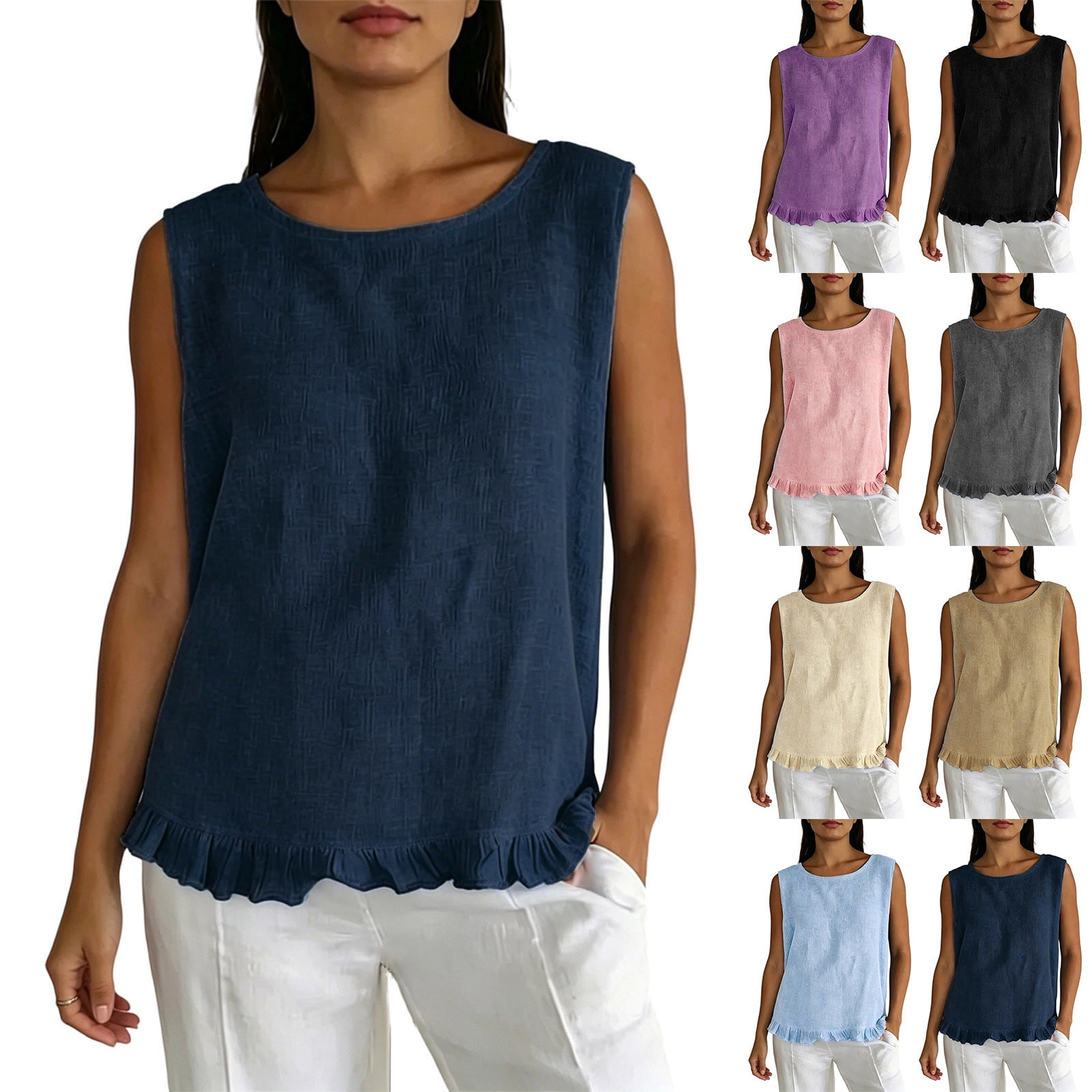 Asxite Tank Tops for Women Sleeveless Solid Color Round Neck Ruffle ...