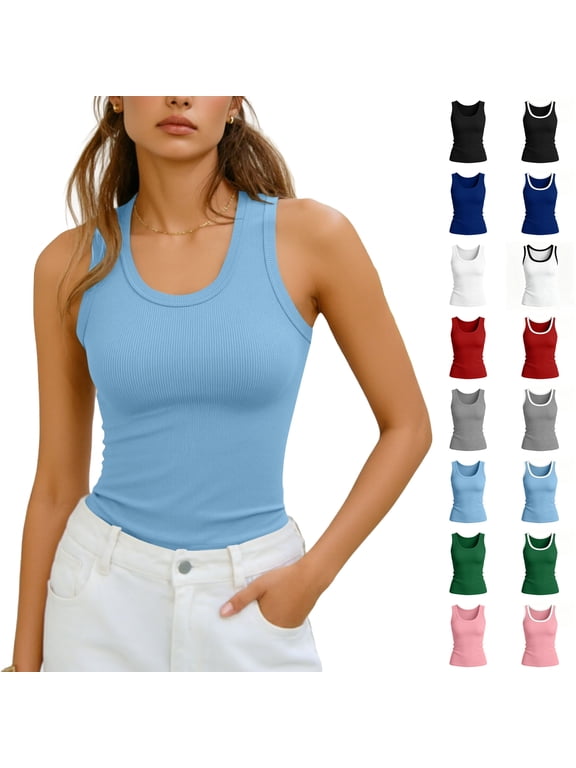 Tank Tops for Women Sleeveless Solid Color U Neck Ribbed Knit Casual Blouse
