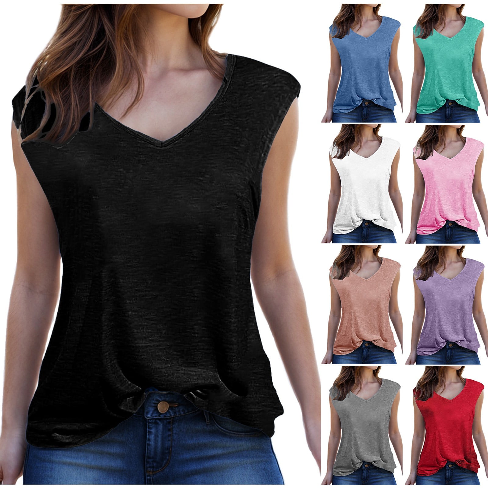 Asxite Tank Tops for Women Sleeveless Solid Color V Neck Layering Loose ...