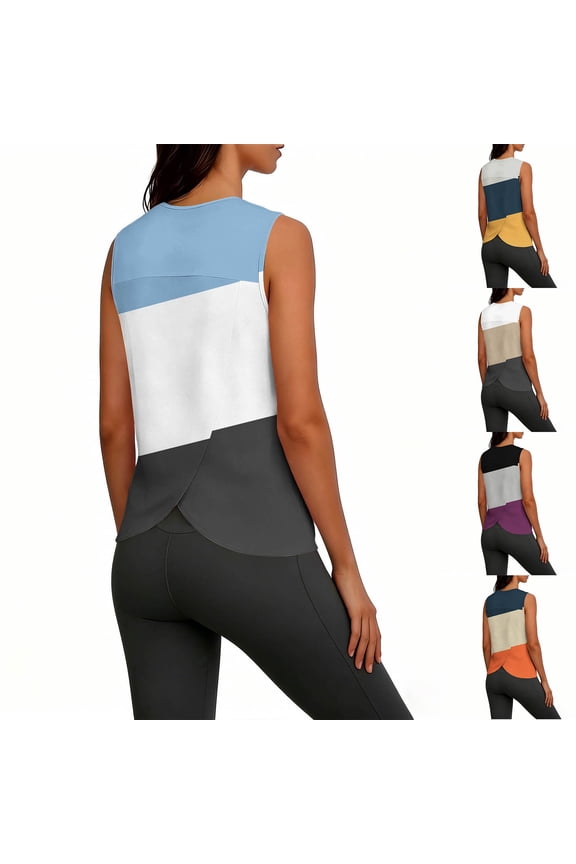 Tank Tops for Women Sleeveless Spliced Print Round Neck Overlap Back Workout Casual Blouse