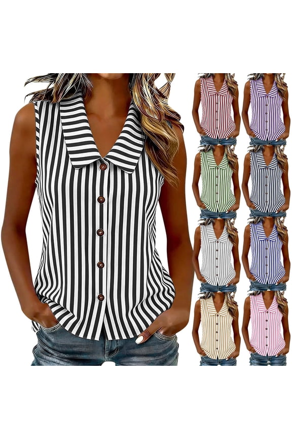 Tank Tops for Women Sleeveless Striped Print Collared Slub Linen Button Casual Blouse