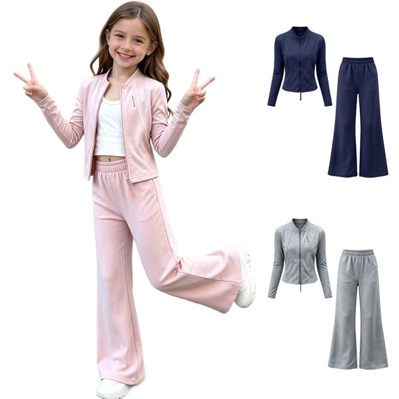 Asxite Toddler Girl Fall Outfits Casual Solid Zip Long Sleeve Stand Collar Jacket Yoga Pants Set 1-12 Y