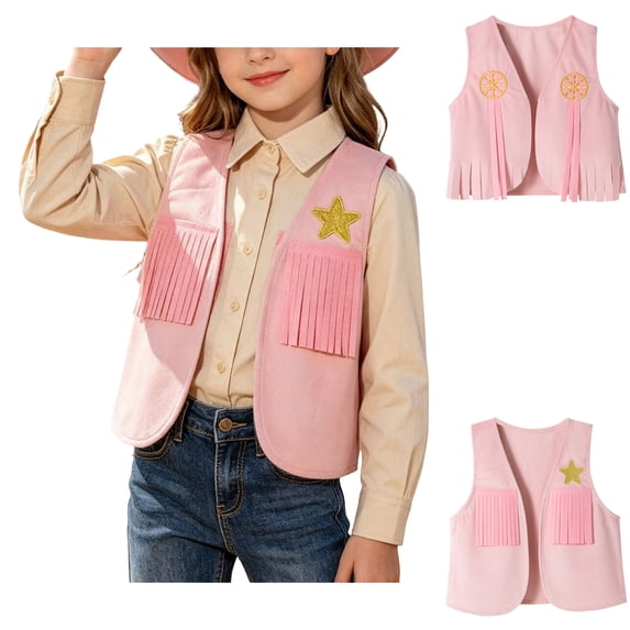Asxite Toddler Girls Fashion Casual Loose Solid Western Fringe Denim Sleeveless Jacket Fall