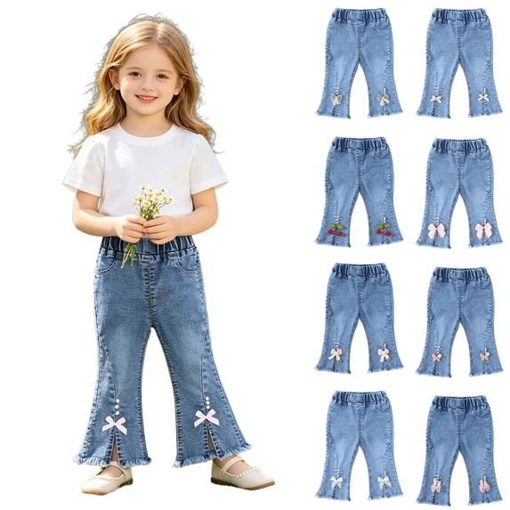 Asxite Toddler Girls Jeans Casual Flared Leg Pants Bow Detail Side Slit Pockets 6 M-5 Y