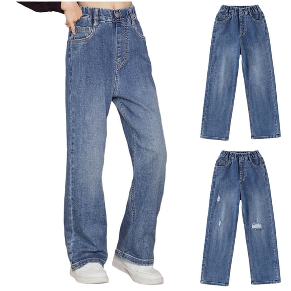 Asxite Toddler Girls Jeans Solid Straight Wide Leg Elastic Waist Fall Breathable Pants 2-13Y
