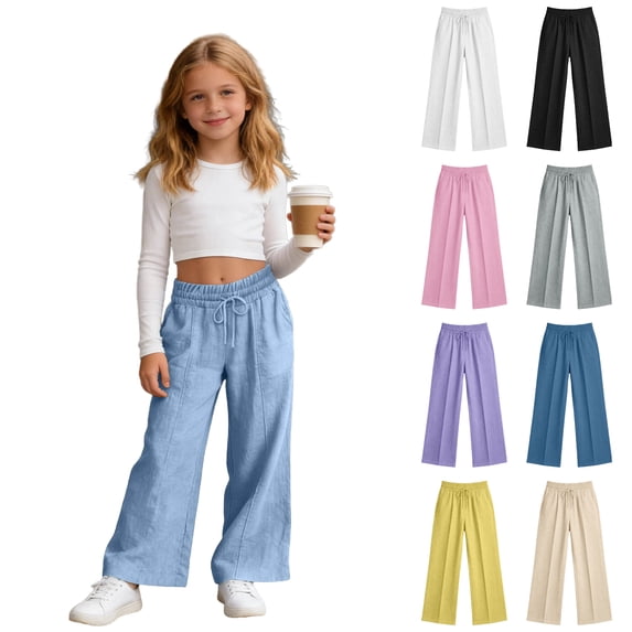 Asxite Toddler Girls Solid Drawstring Wide Leg Pants With Pockets Casual 5-15 Y