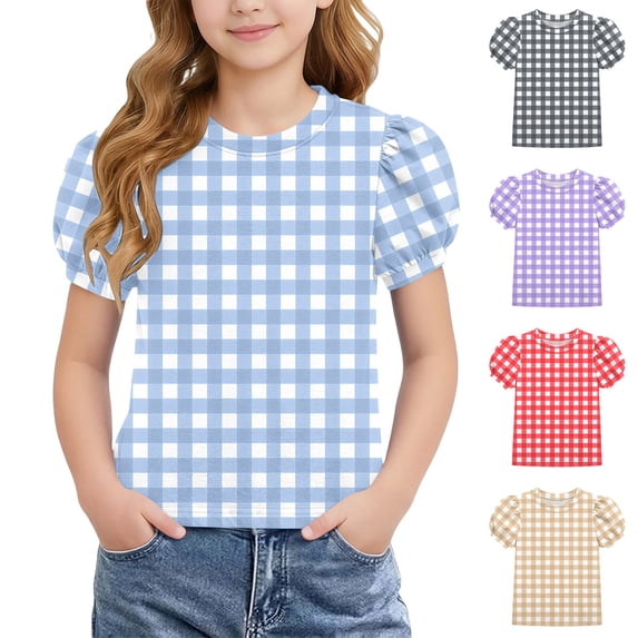 Asxite Toddler Girls Tshirt Plaid Print Puff Sleeve Crew Neck Fashion Casual Summer Tops 4-15Y