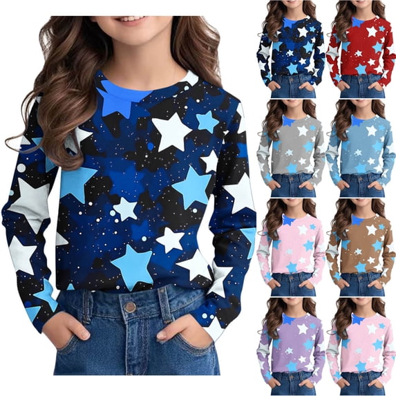 Asxite Girls and Boys Print Tops Long Sleeve Crew Neck T Shirt Fall Star Print Casual School Uniform