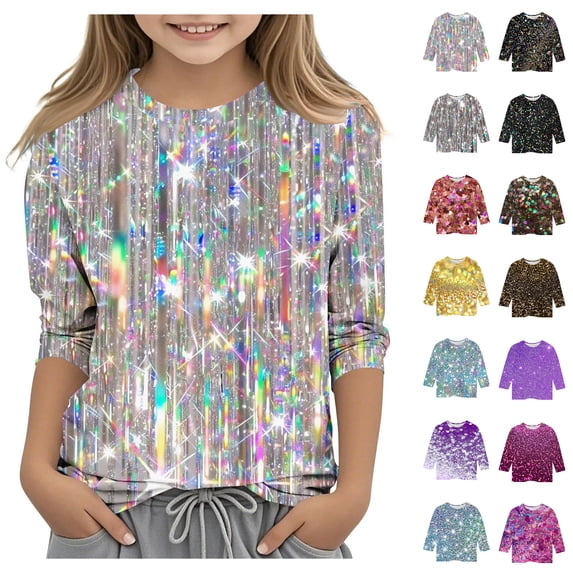 Asxite Toddler Print Tops Sequin 3/4 Sleeve Crew Neck T Shirt Fall Casual School Uniform