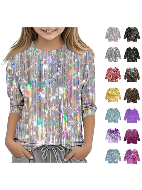Toddler Print Tops Sequin 3/4 Sleeve Crew Neck T Shirt Fall Casual School Uniform