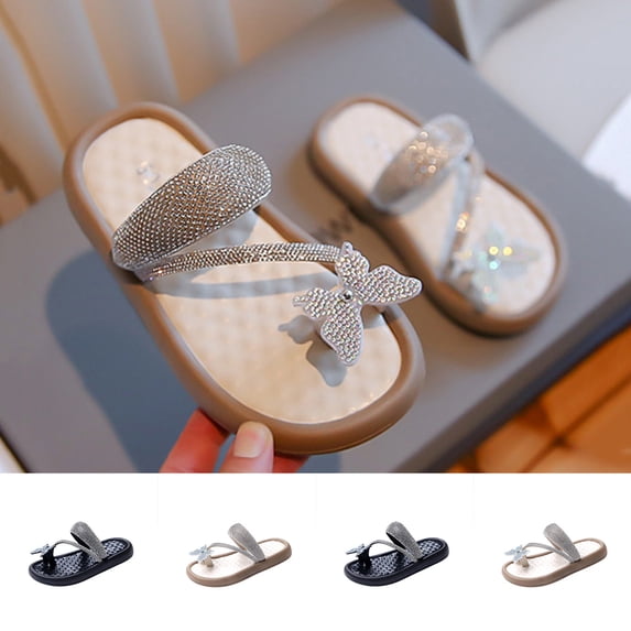 Asxite Toddler Sandals Summer Fashion Solid Rhinestone Bow Toe Post Soft Sole Flat Slides for Girls Shoes 4-12 Y