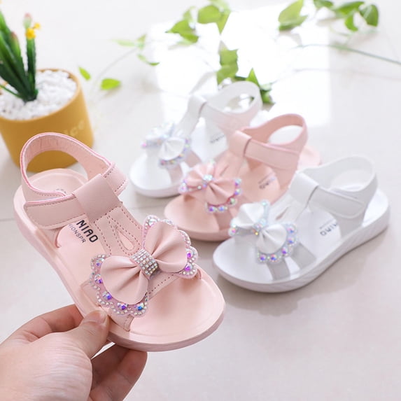 Asxite Toddler Sandals Summer Princess Bow Open Toe Rhinestone Sand Style for Girls Shoes 4-12 Y