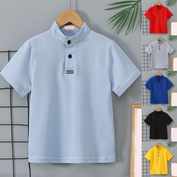 Asxite Toddler Shirts Solid Color Short Sleeve Stand Collar Button Casual Summer Tops 2-12Y