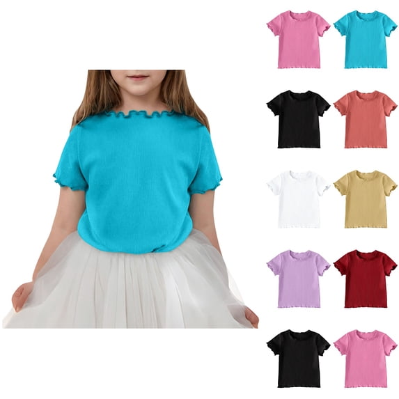 Asxite Toddler Tops Girls Summer Tops Solid Ruffle Crewneck Short Sleeve T Shirt for 1-9 Years