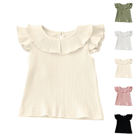 Asxite Toddler Tops Girls Summer Tops Solid Ruffle Sleeve Round Collar Top for 0-4 Years