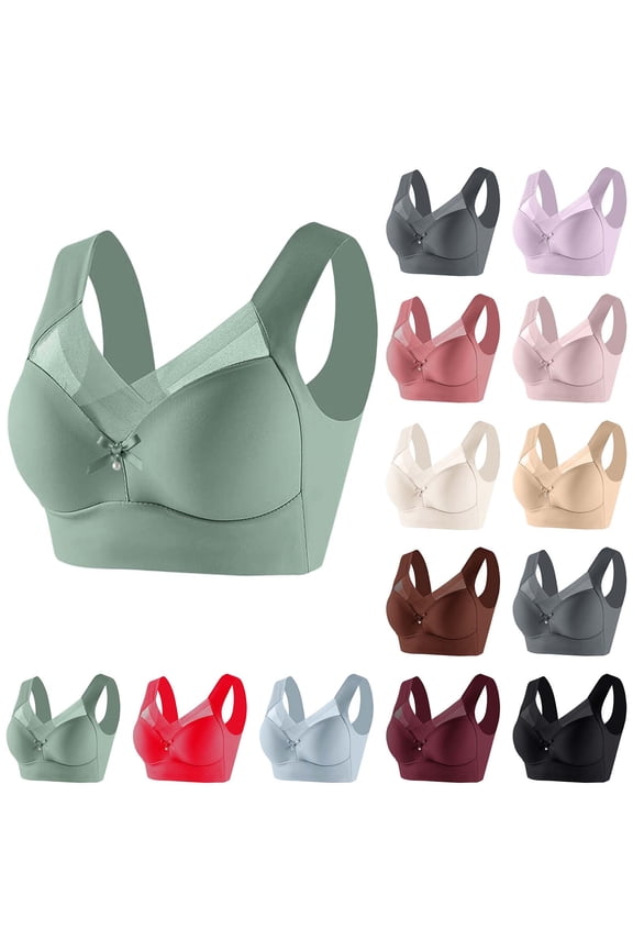 Women Bow Lace Solid Wireless Thin Full Cup Everyday Bra Green XXL