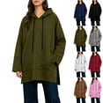 thumbnail image 1 of Asxite Women Fall Winter Tops Round Neck Long Sleeve Hooded Drawstring Side Slit Pocket Loose Pullover Solid Shirts, 1 of 7