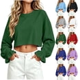 thumbnail image 1 of Asxite Women Fall Winter Tops Round Neck Long Sleeve Solid Ruffle Hem Loose Crop Shirts, 1 of 7