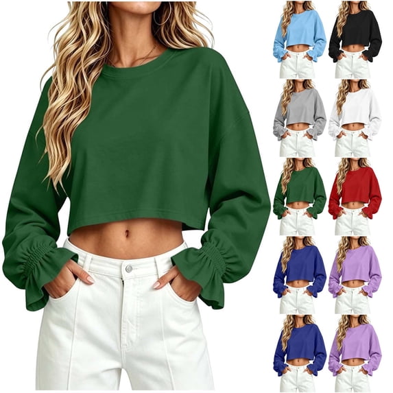 Asxite Women Fall Winter Tops Round Neck Long Sleeve Solid Ruffle Hem Loose Crop Shirts