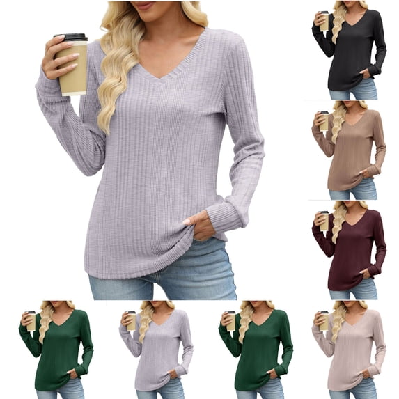 Asxite Women Fall Winter Tops V Neck Long Sleeve Solid Knit Ribbed Pullover Shirts