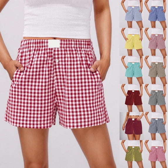 Asxite Women Fashion Plaid Printed Shorts Button Elastic Waist with Pockets Casual Bottoms Wine XL