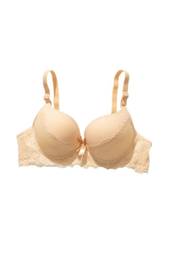 Women Lace Patchwork Solid Underwire Back Hook Thin Comfortable Bra Beige 36/80B