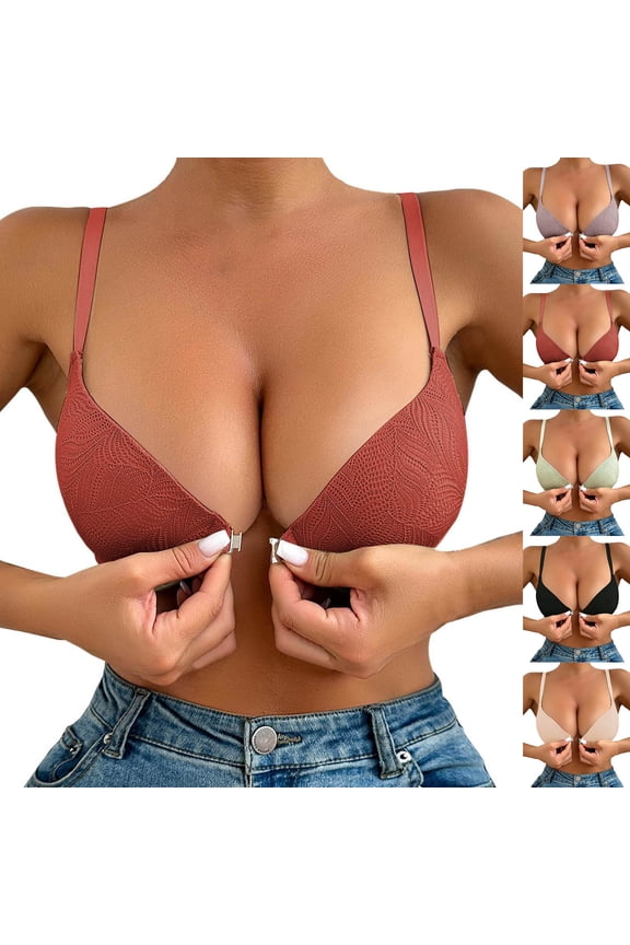Women Solid Front Closure Underwire Lace Lift Support Everyday Bra Red 38/85D