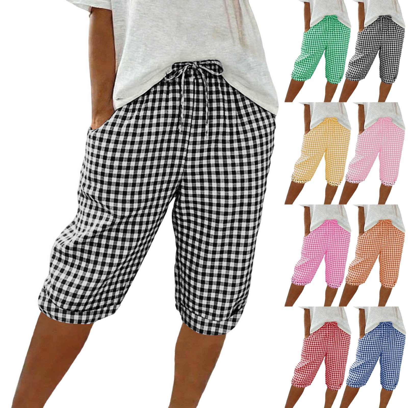 Asxite Women Summer Plaid Printed Knee Length Casual Shorts Comfortable ...