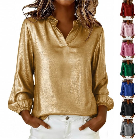 Asxite Women Tops V Neck Long Sleeve Metallic Print Ruffle Collar Solid Party Shirts