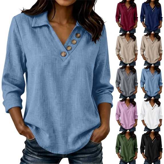 Asxite Womens Fall Tops Solid Casual Lapel Collar Button Down Long Sleeve Shirts