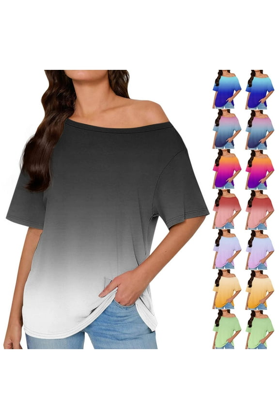 Womens Gradient Printed Off Shoulder Loose Short Sleeve Loungewear Top Yellow S