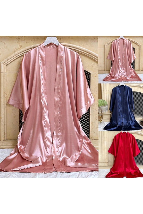 Womens Pajamas Solid 5 8 Sleeve Satin Midi Robe Open Front Bathrobe
