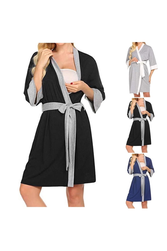 Womens Pajamas Solid Color Contrast Maternity Robe Postpartum Nursing Sleepwear